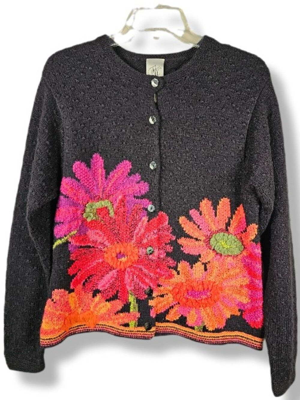 VTG Fisher Hill Textured Floral Knit Button Front Cardigan Sz L Colorful Artsy